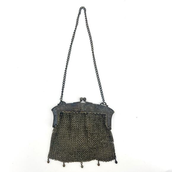 Antique Genuine German Silver Mesh Purse 5" x 5" with 8.5" Strap Drop - Picture 3 of 12